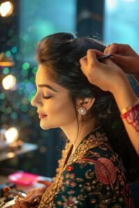 a vibrant studio setting showcases a skilled professional makeup artist meticulously applying glamorous makeup on a client, with an array of colorful cosmetics and well-organized tools in the background, highlighting the artistry and precision of professional makeup in bangalore.