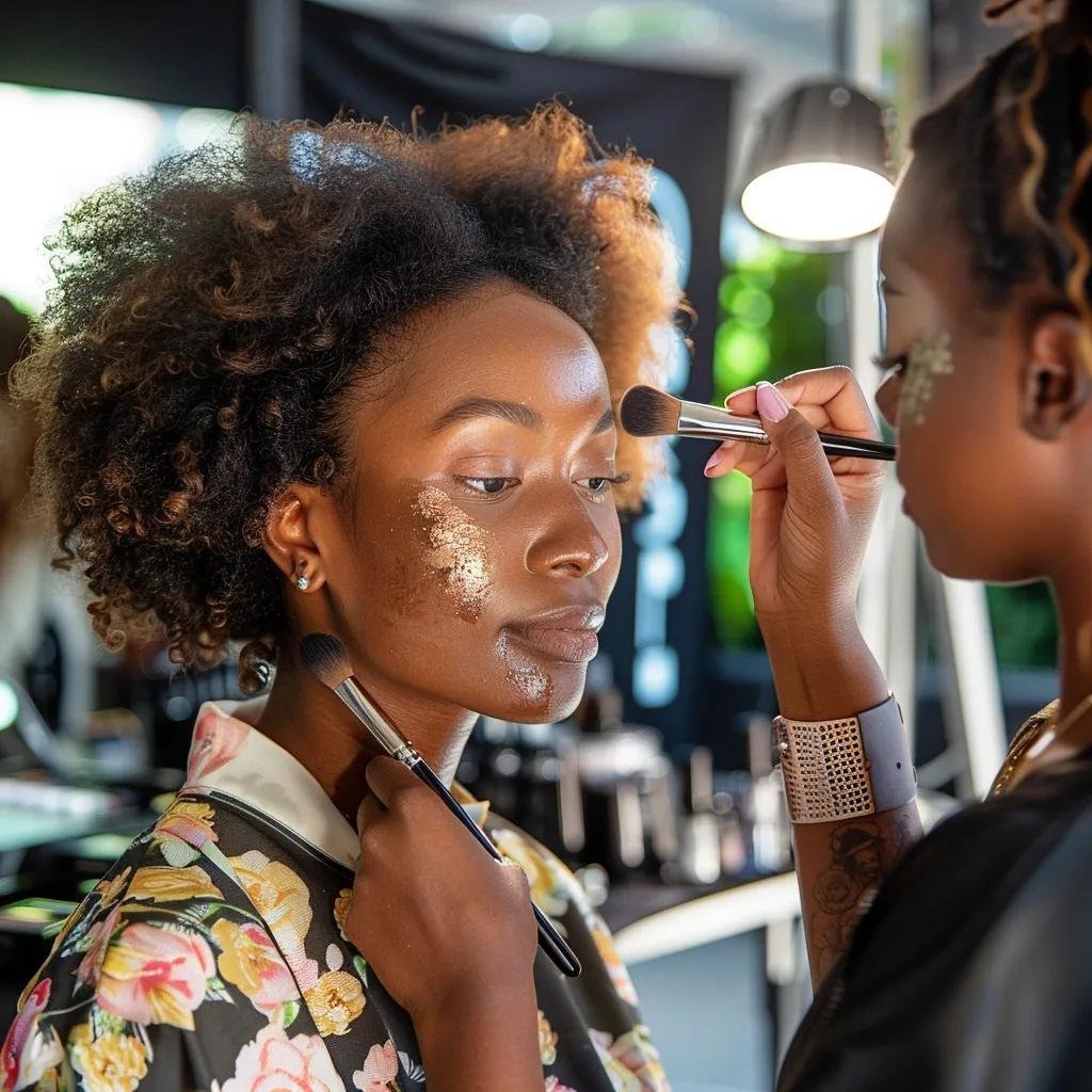 Makeup artist applying makeup on a model with oily skin in a bright beauty studio