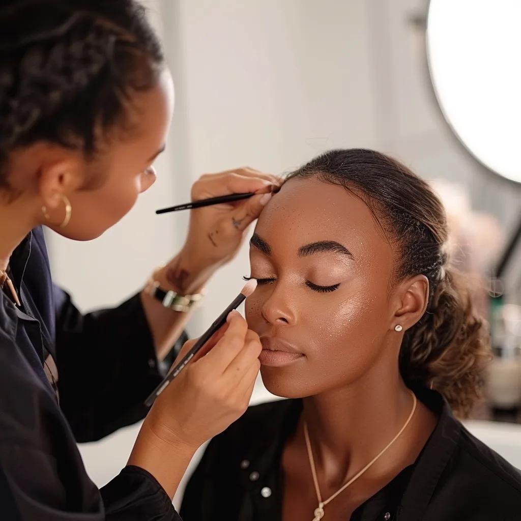 Makeup artist applying makeup on a model with oily skin in a professional studio setting