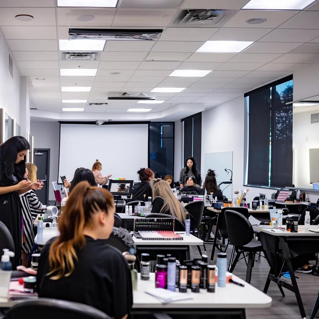 Aspiring makeup artists learning techniques in a classroom setting at a makeup academy in Bangalore