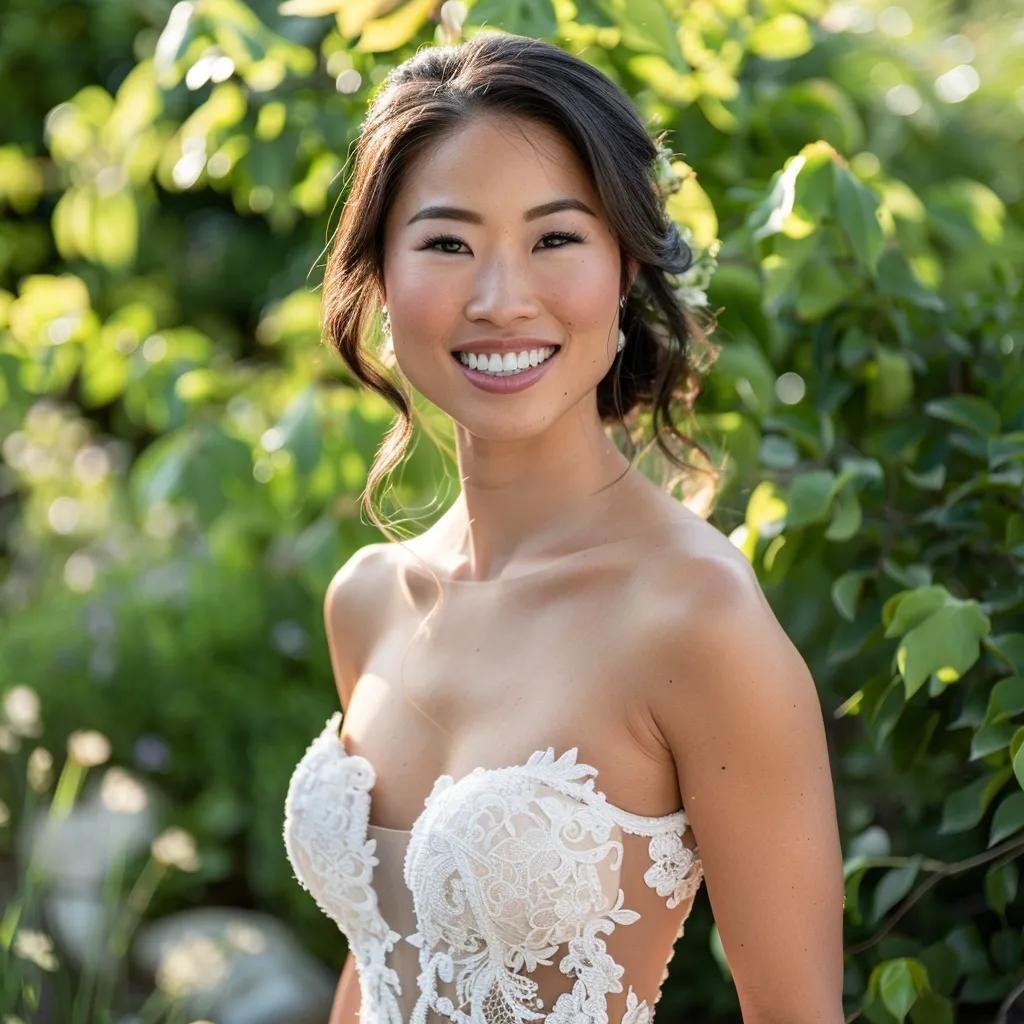 Bridal makeup showcasing a bride with flawless skin and elegant wedding attire in a romantic outdoor setting