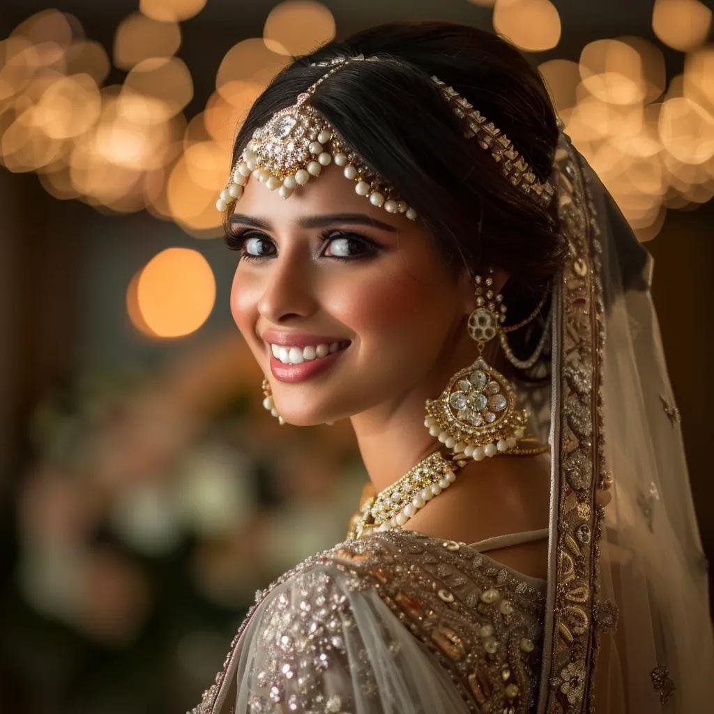 Bridal makeup scene showcasing a smiling bride with flawless makeup and elegant wedding attire