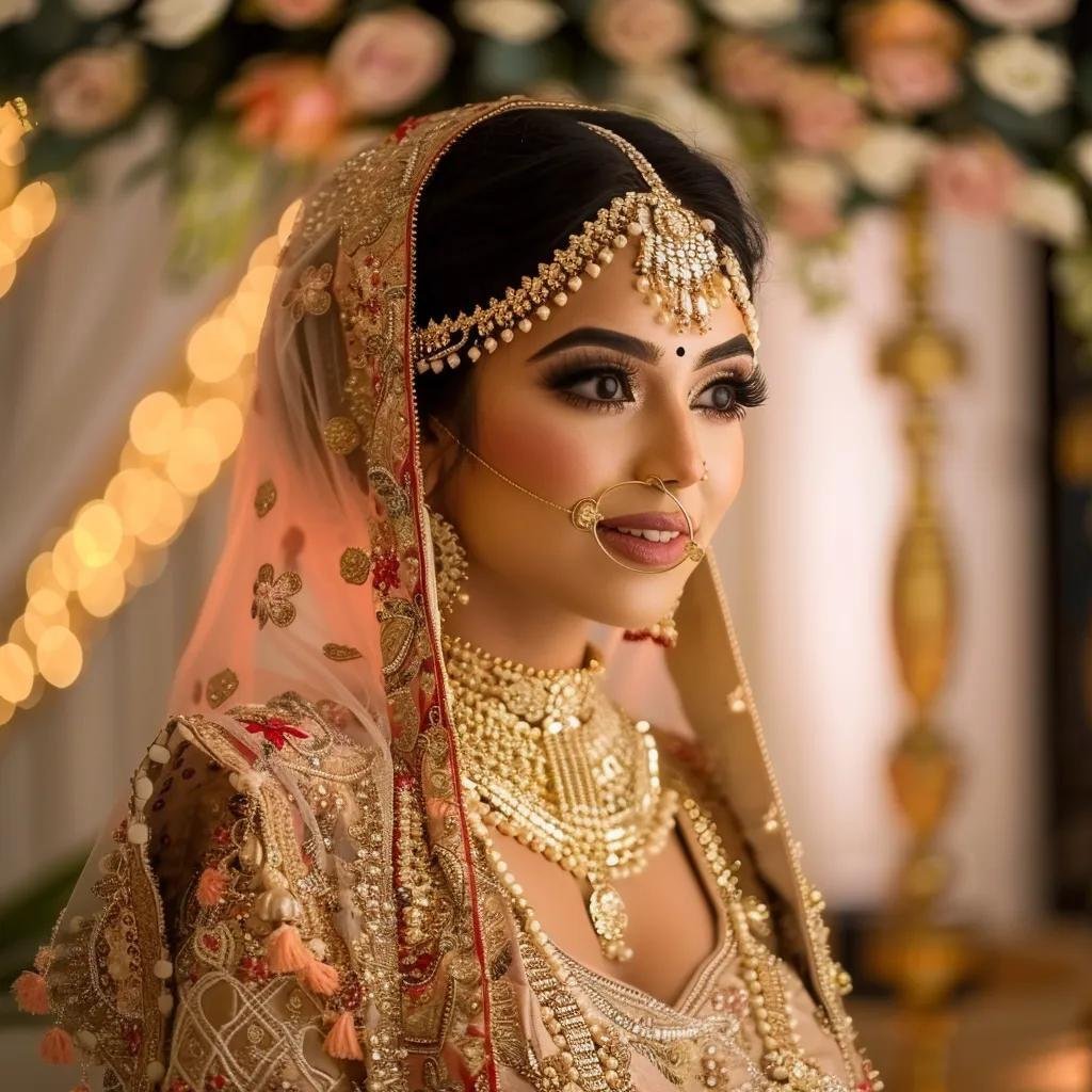 Bridal makeup in Bangalore showcasing a radiant bride with traditional attire and flawless HD makeup