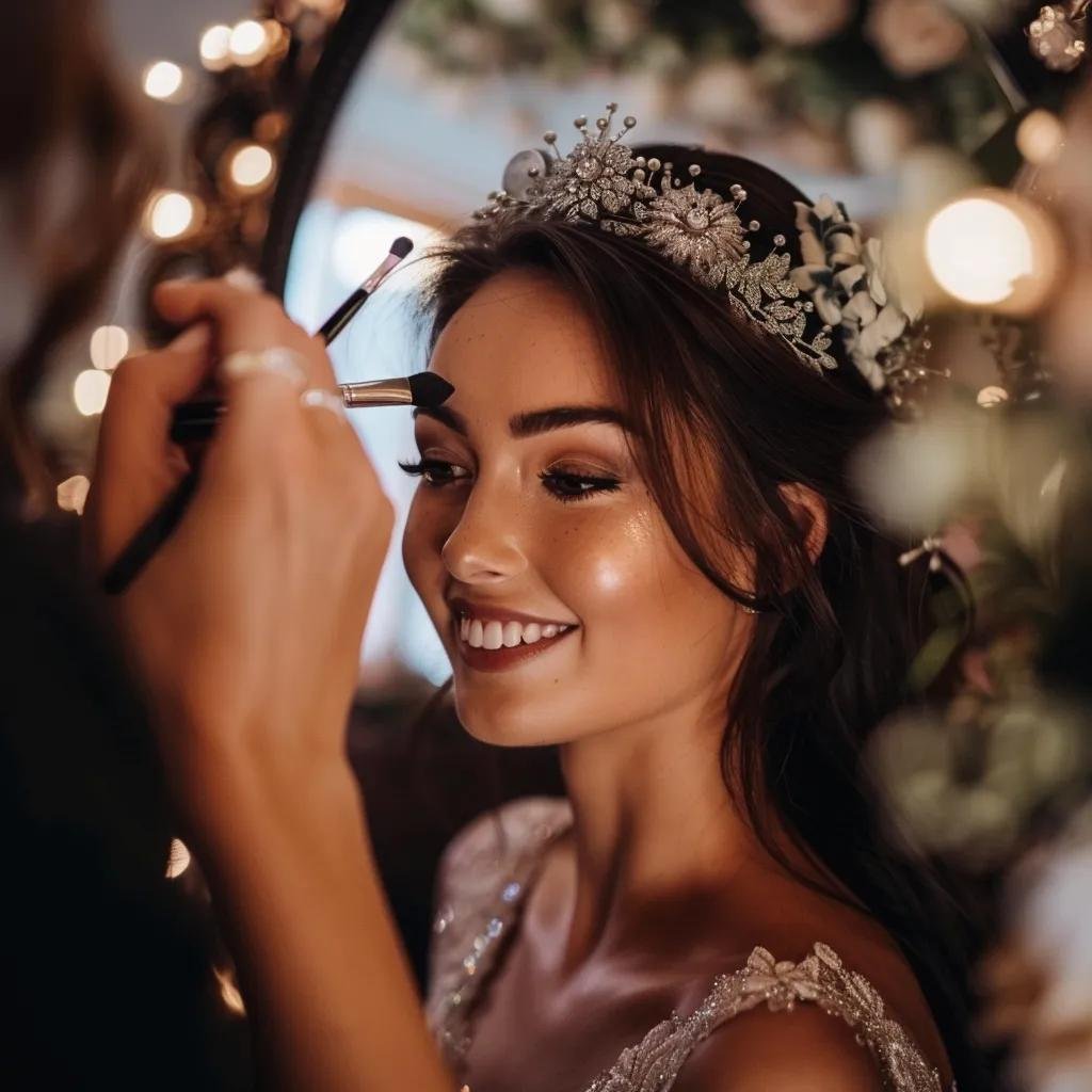 Professional makeup artist applying makeup to a bride in a beautifully decorated setting, emphasizing bridal beauty and elegance