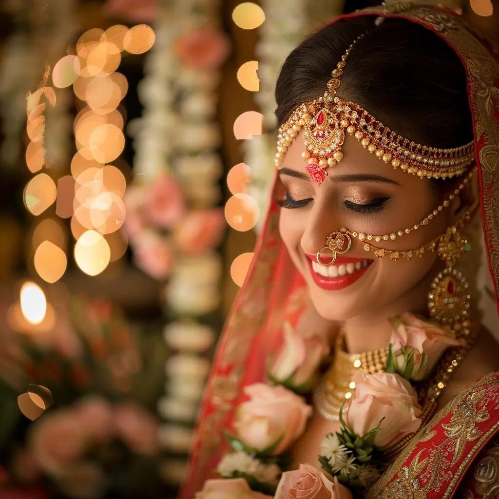Bridal makeup scene featuring a smiling bride in traditional attire with flawless makeup, surrounded by floral decorations