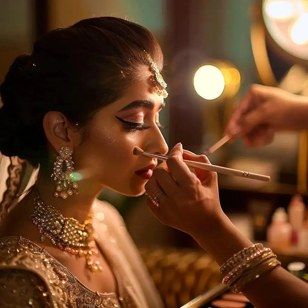 Professional makeup artist applying makeup to a bride in a stylish studio, highlighting pre-wedding makeup services